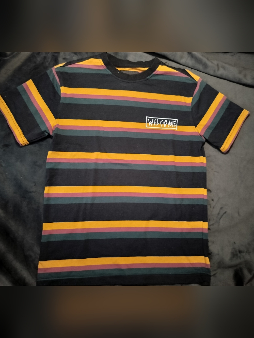 Welcome Striped Crew Black, Red, Mustard & Green Striped Cotton Tshirt - Small - Picture 1 of 6